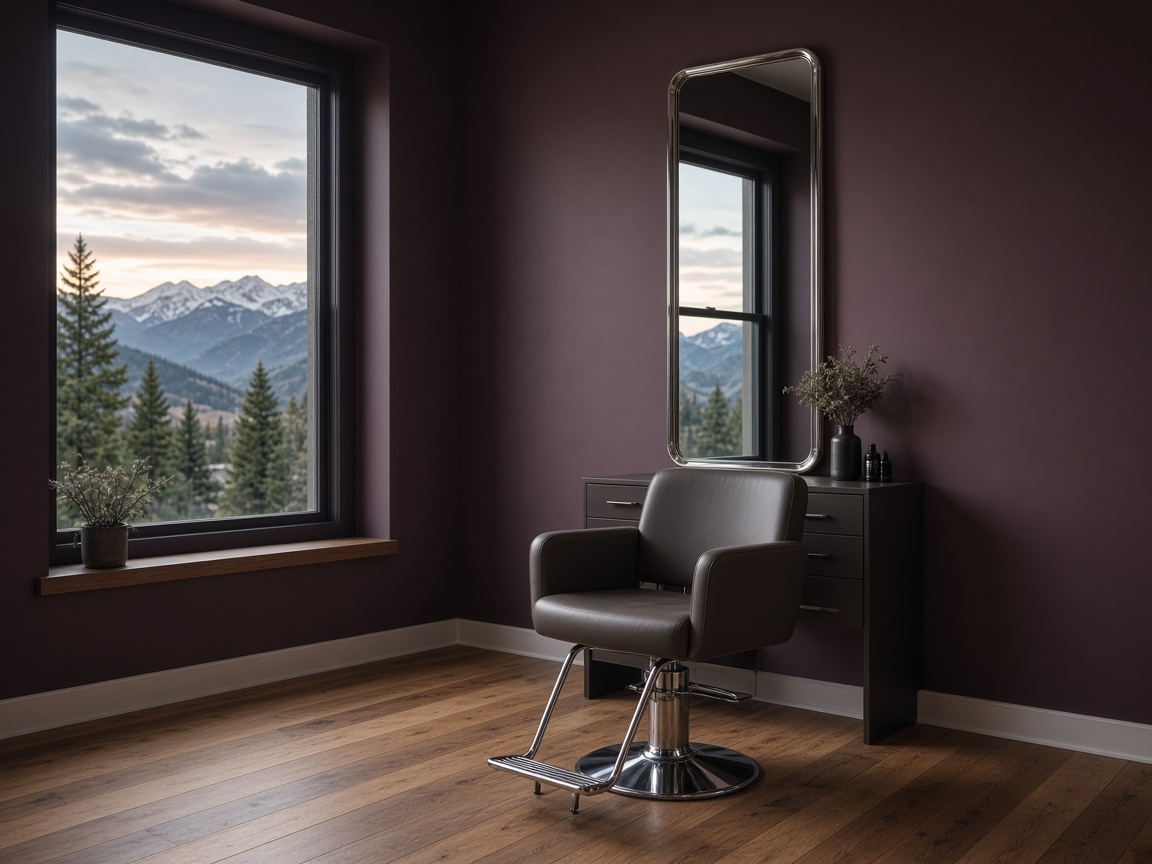 Empty mauve salon station with mountain view through the window